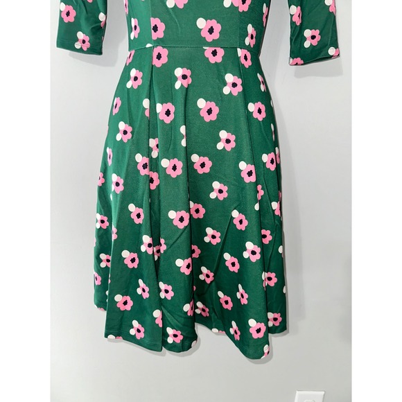 Unique Vintage GB Fit and Flare Dress XS‎ Floral Green Pink Flower Power - Picture 3 of 6